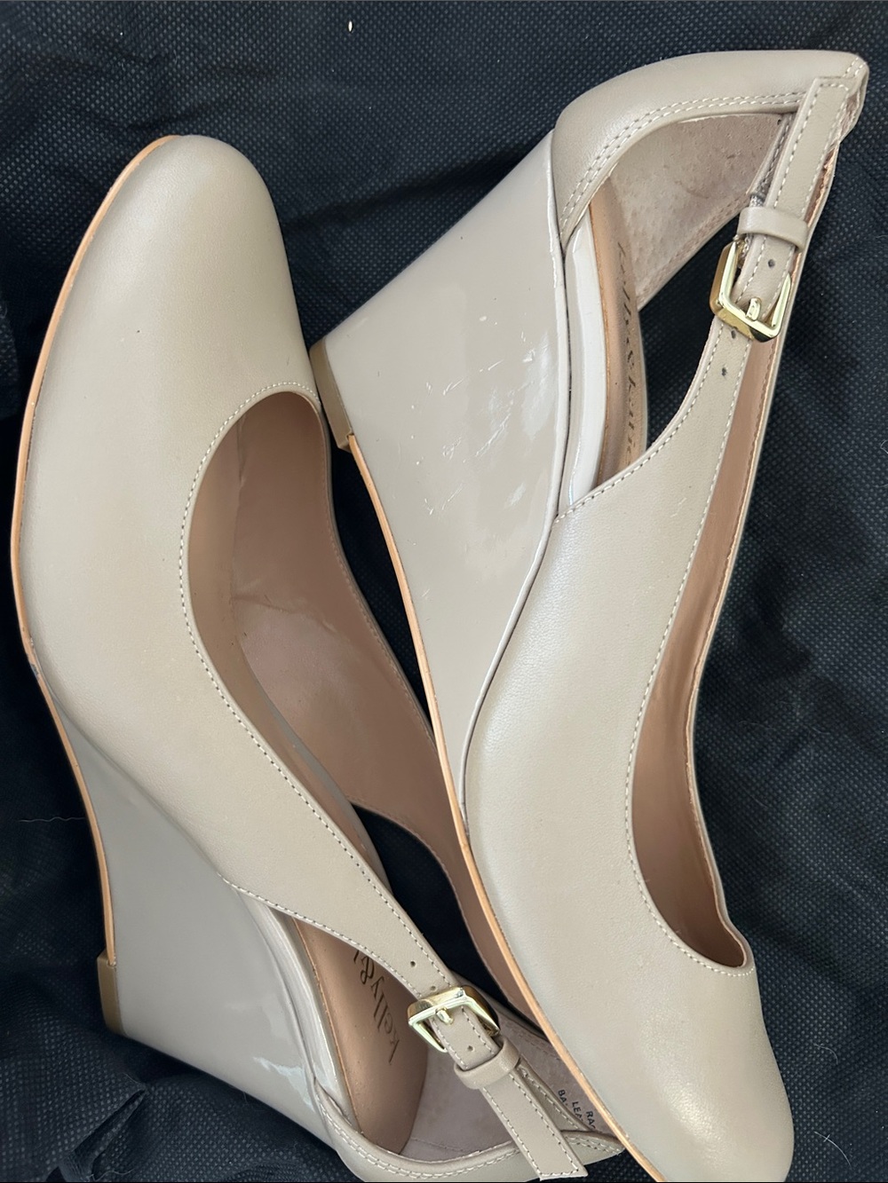 Kelly & Katie Beige Patent and Matte Slingback Wedge Pumps